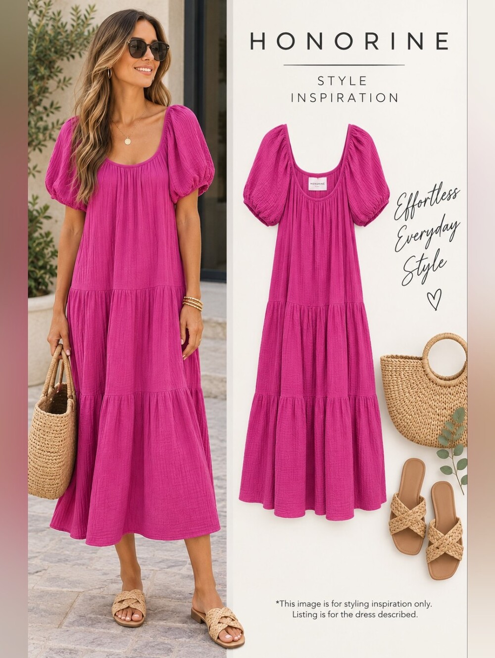 Honorine Magenta Fuchsia Cotton Gauze Tiered Puff Sleeve Midi Dress XS